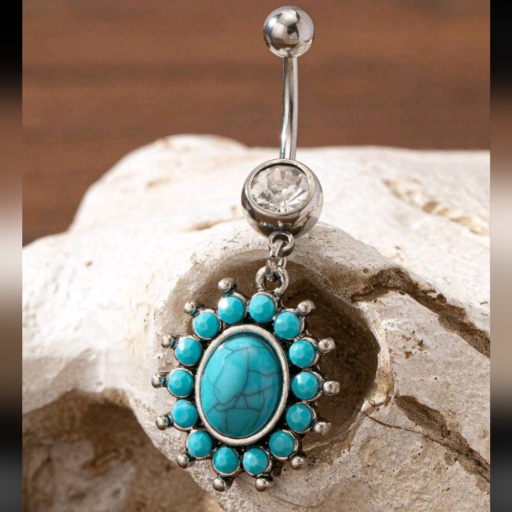 Silver & Faux Turquoise Belly Button Ring.
